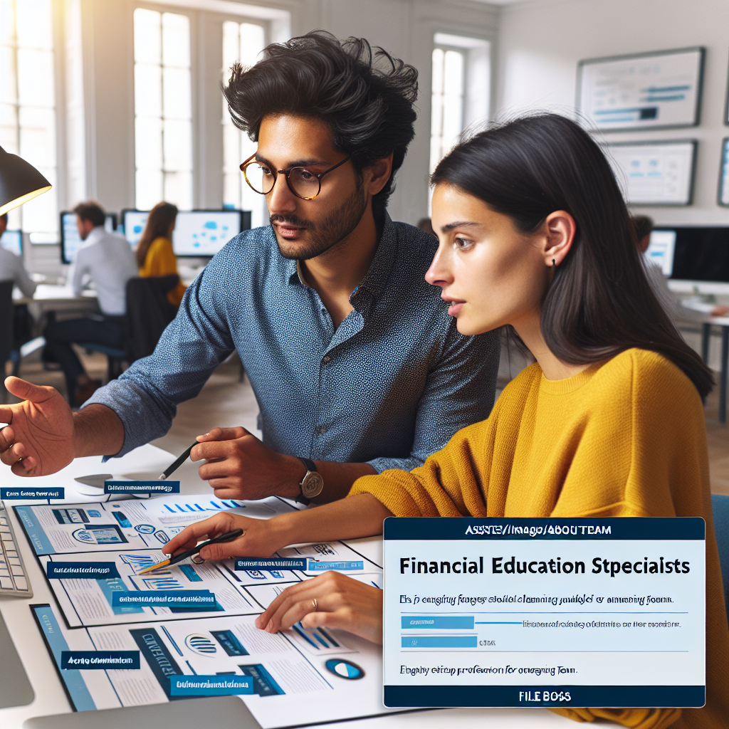 Two financial education specialists collaborating in a bright Lyon office, reviewing learning modules and outlining step-by-step guidance for emerging professionals.