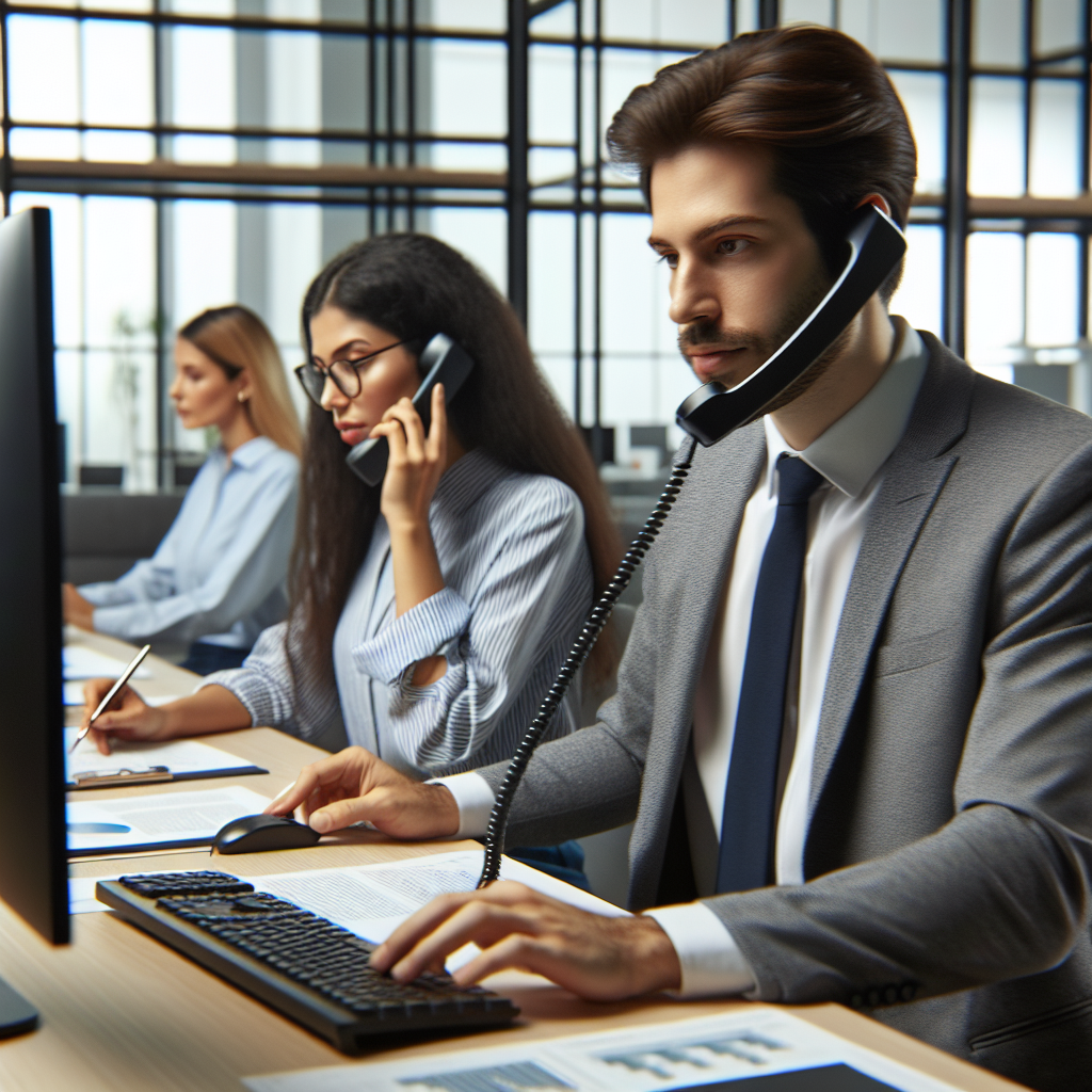Customer advisor answering questions via phone and email in a modern office, ensuring responsive communication for financial education inquiries.