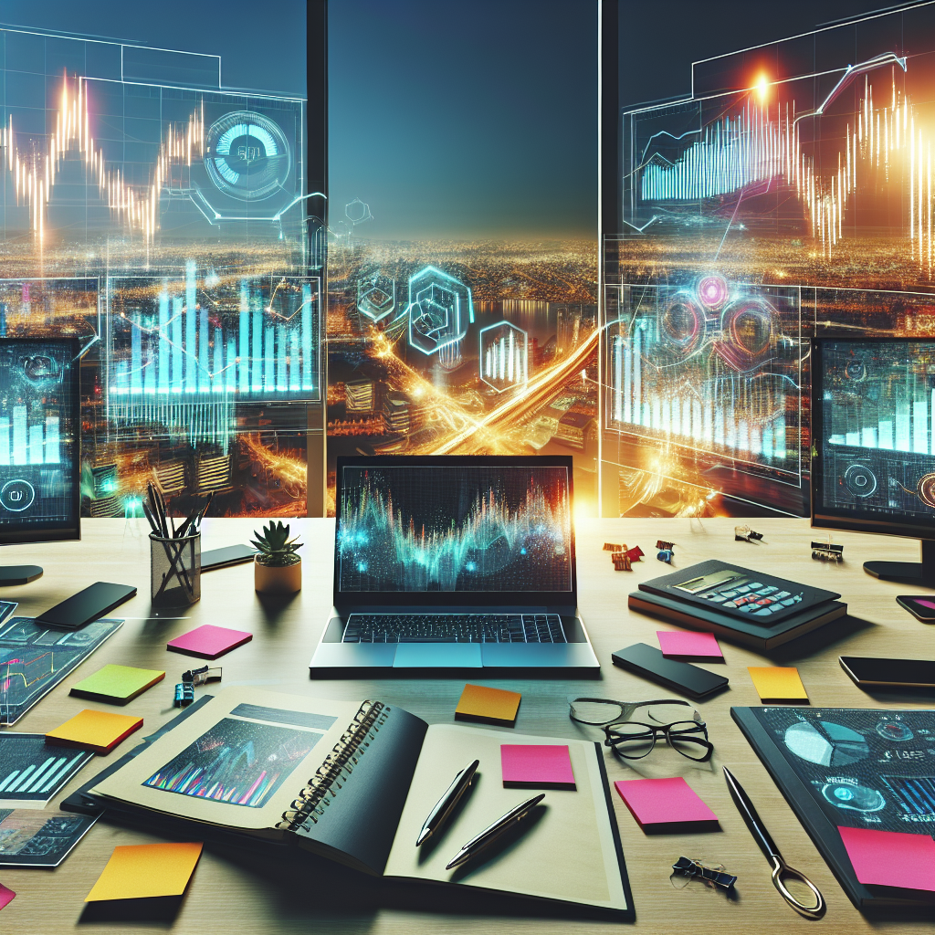 Modern financial planning workspace with digital charts, notebooks, and vibrant lighting representing a balanced approach to budgeting and long-term savings strategies for young professionals in France.
