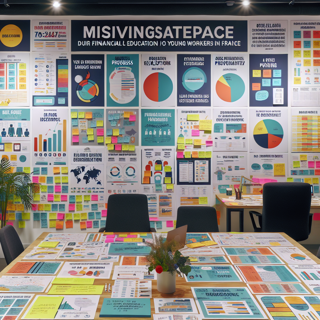 Inspirational workspace with mission statement boards and data-driven infographics illustrating a responsible commitment to financial education for young French workers.